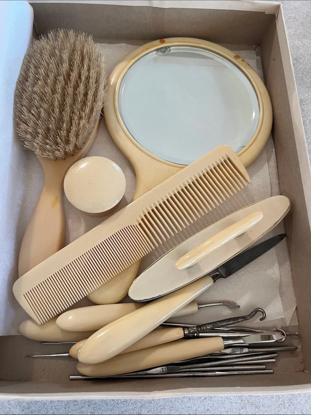 Vintage Ivory Vanity Grooming Set in a vintage Joseph Horne gift box